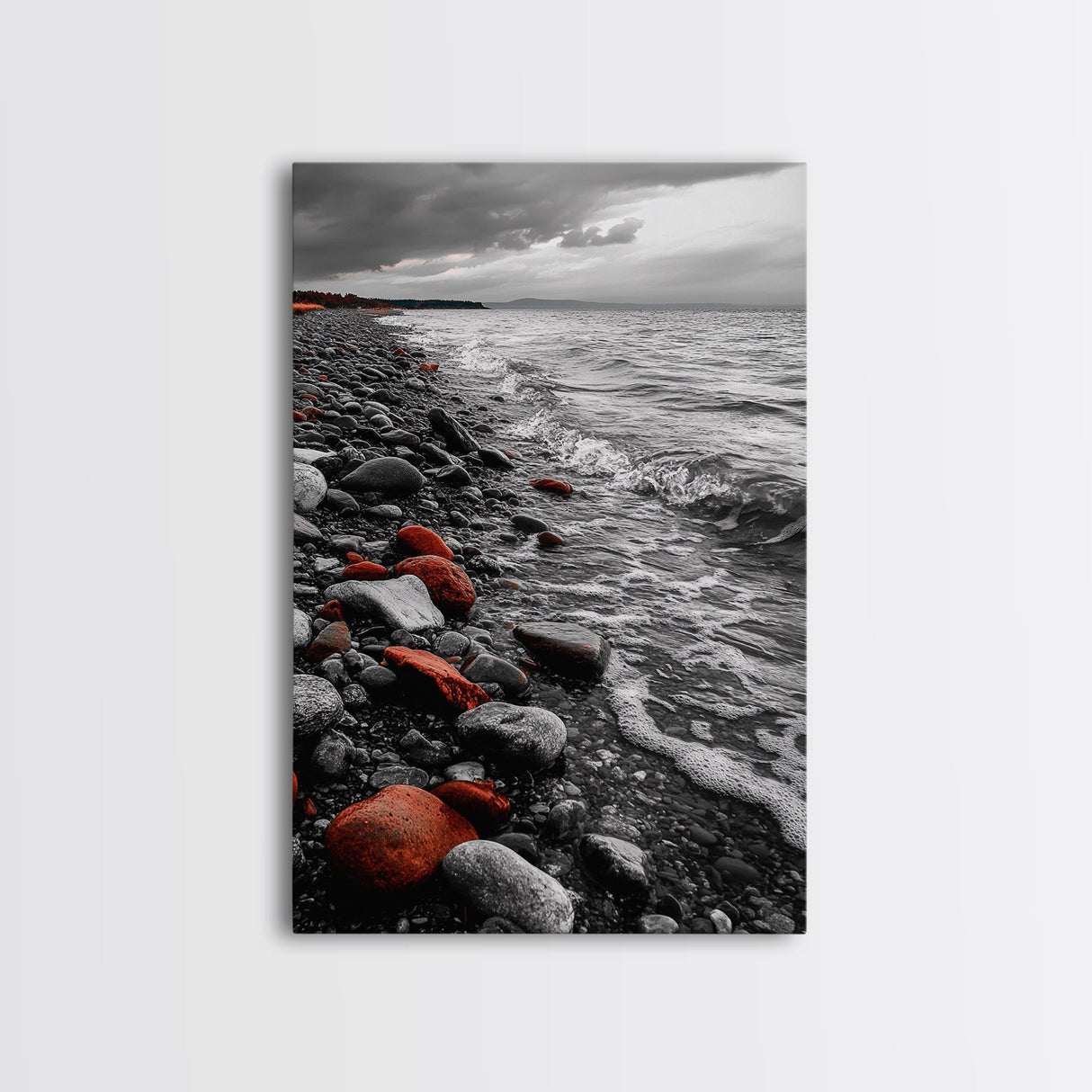 Red Shoreline, Bold Pebbles, Coastal Mood, Canvas Print, Nautical Wall Art, Moody Landscape, Black White Red Art, Nature Lover Gift