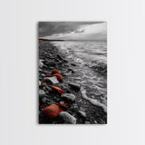 Red Shoreline, Bold Pebbles, Coastal Mood, Canvas Print, Nautical Wall Art, Moody Landscape, Black White Red Art, Nature Lover Gift