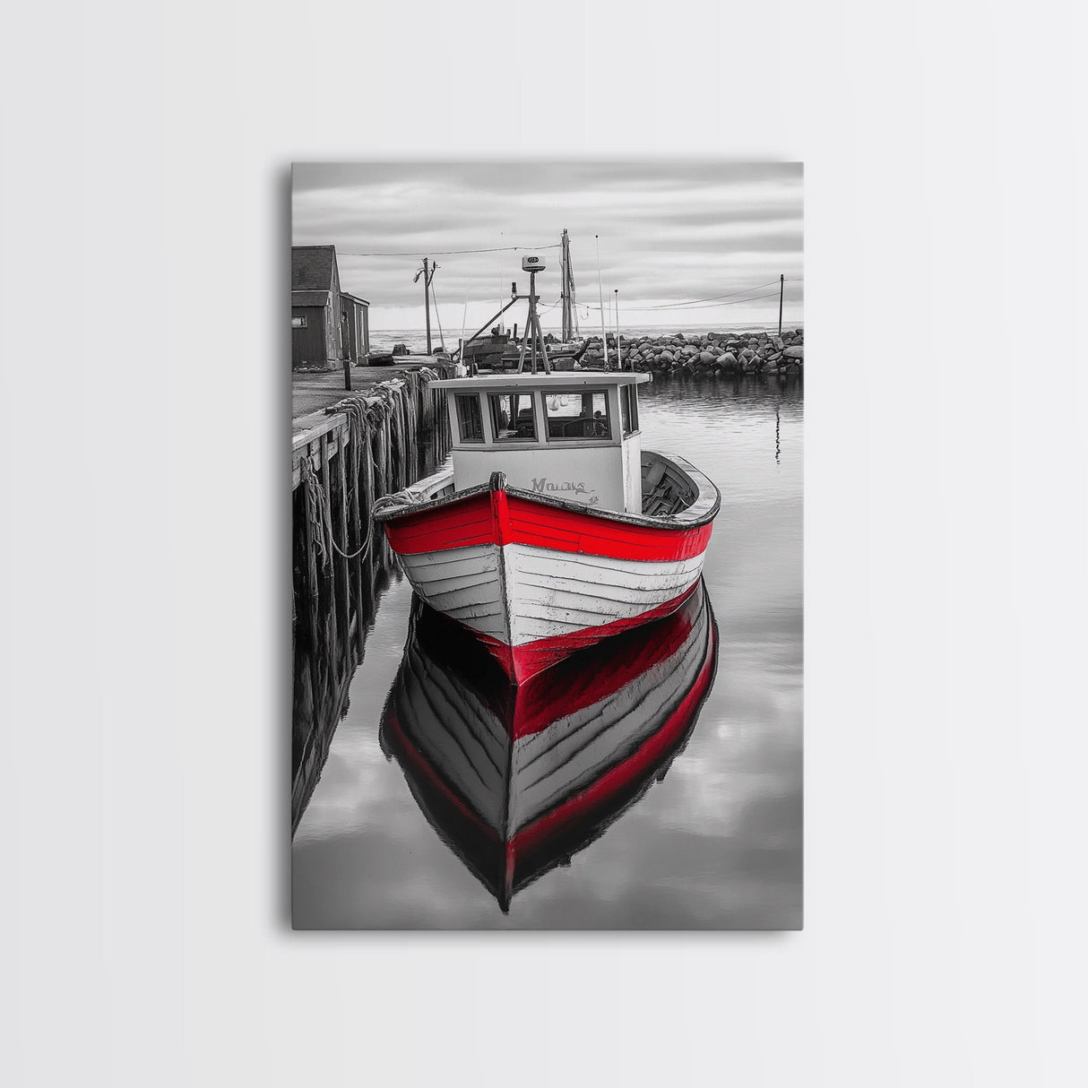 Red Fishing Boat, Harbor Calm, Nautical Charm, Canvas Print, Coastal Kitchen Wall Art, Maritime Theme, Seaside Decor, Rustic Water Scene