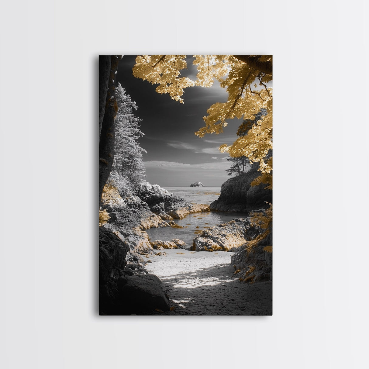 Yellow Trees, Autumn Beach, Ocean View, Framed Canvas Print, Nature Photography, Fall Landscape Wall Art, Coastal Living Room Decor