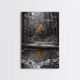 Lone Yellow Tree, Tranquil Pond, Forest Reflection, Canvas Print, Fall Nature Wall Art, Autumn Minimalist Decor, Peaceful Meditation Room