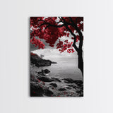 Red Leaves, Dramatic Coast, Ocean Horizon, Canvas Print, Autumn Coastal Wall Art, Bold Nature Photography, Moody Fall Decor, Beach Theme
