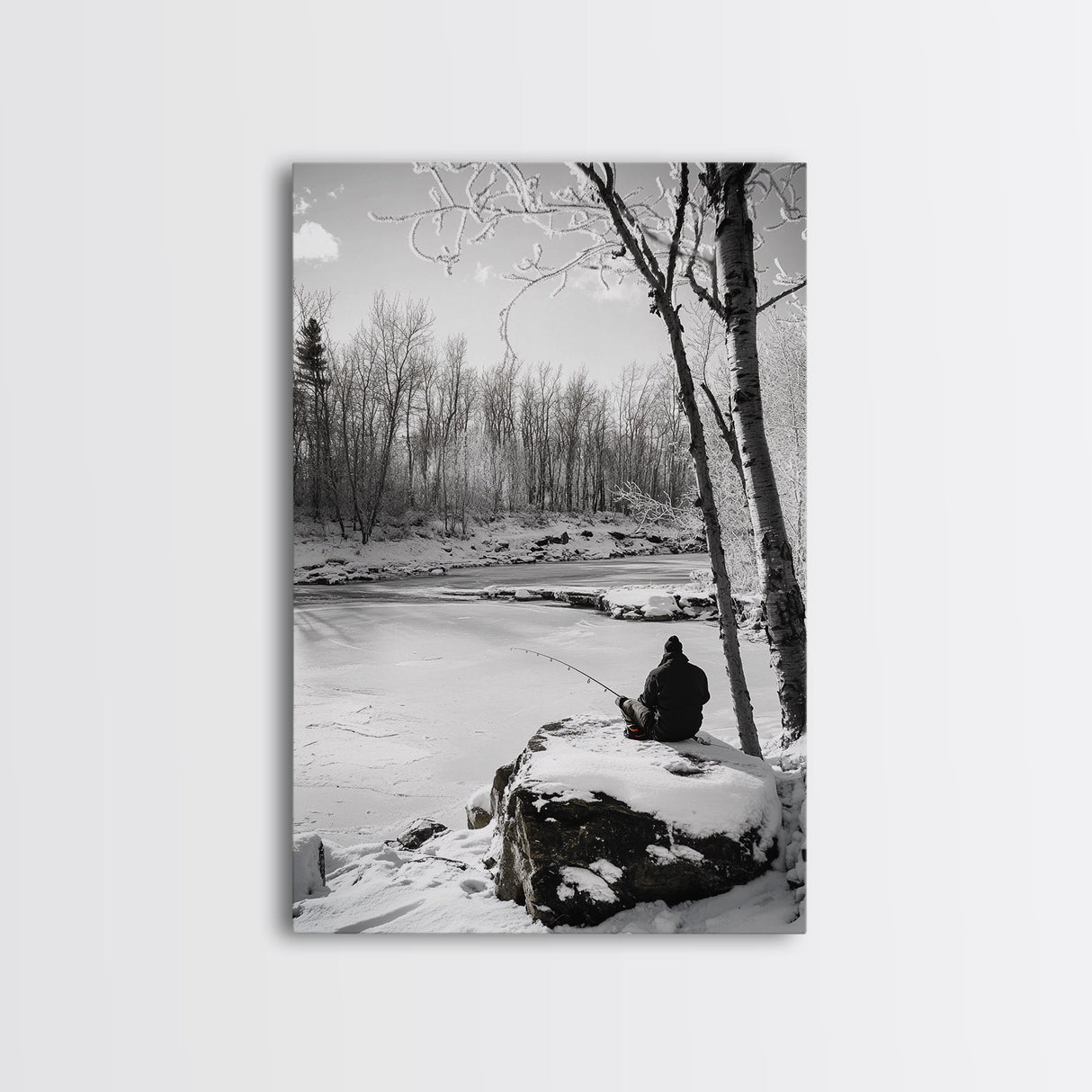 Winter Fishing, Snowy River, Peaceful Solitude, Canvas Print, Cabin Wall Art, Rustic Outdoor Decor, Black White Nature Photography