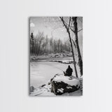 Winter Fishing, Snowy River, Peaceful Solitude, Canvas Print, Cabin Wall Art, Rustic Outdoor Decor, Black White Nature Photography
