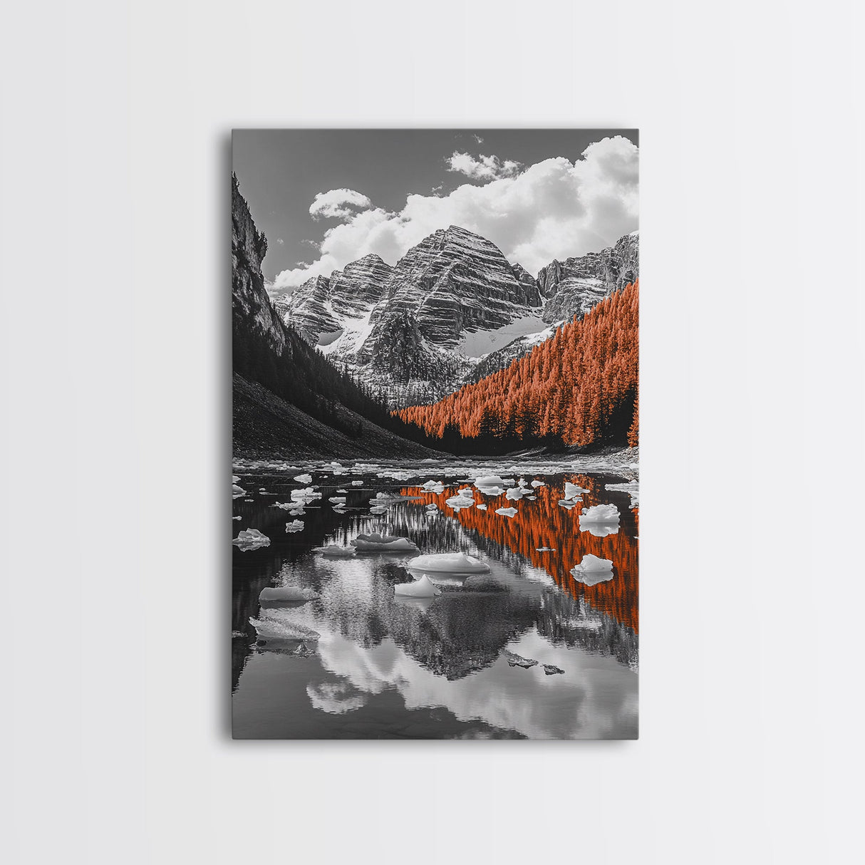 Mountain Reflections, Autumn Pines, Glacial Water Scene, Framed Canvas Print, Fall Landscape Wall Art, Nature Lover Home Decor