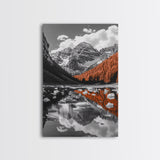Mountain Reflections, Autumn Pines, Glacial Water Scene, Framed Canvas Print, Fall Landscape Wall Art, Nature Lover Home Decor