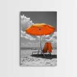 Orange Umbrella Shade, Beach Chill Scene, Relax Spot, Framed Canvas Print, Summer Wall Art, Vacation Vibe Decor, Minimalist Beach Art
