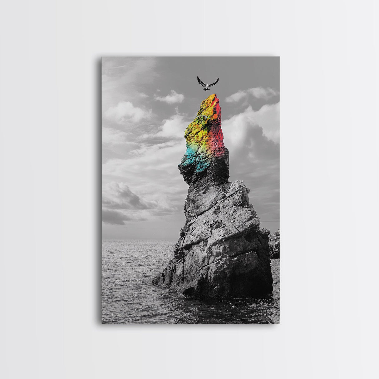 Rainbow Cliff, Soaring Bird, Ocean Rock Scene, Canvas Print, Nature Adventure Wall Art, Vibrant Seascape Decor, Coastal Living Accent