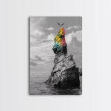 Rainbow Cliff, Soaring Bird, Ocean Rock Scene, Canvas Print, Nature Adventure Wall Art, Vibrant Seascape Decor, Coastal Living Accent