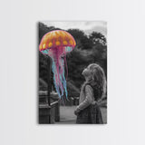 Surreal Jellyfish, Child Wonder, Fantasy Ocean Scene, Framed Canvas Print, Kids Room Wall Art, Vibrant Color Pop Art, Dreamy Decor