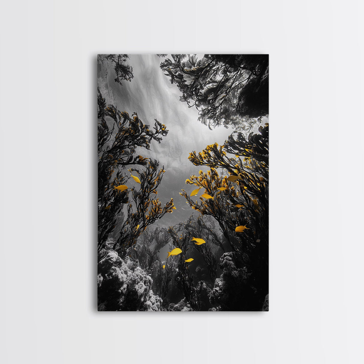 Golden Fish, Kelp Forest, Ethereal Ocean Scene, Framed Canvas Print, Underwater Wall Art, Nature Photography, Bathroom Sea Decor