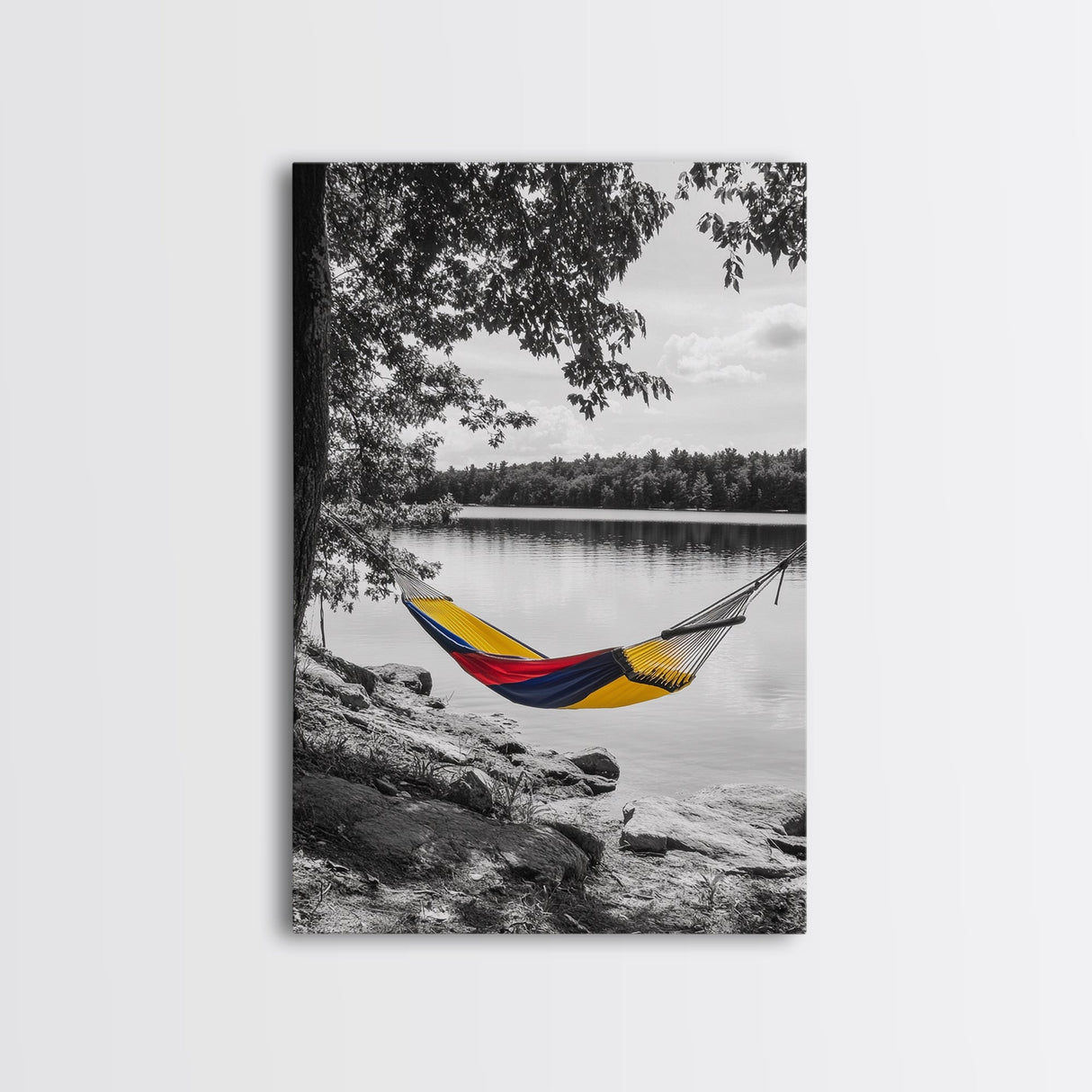 Hammock Lake Scene, Peaceful Nature Art, Fall Outdoors, Relaxed Escape, Framed Canvas Print, boho decor, bedroom art, cozy wall print