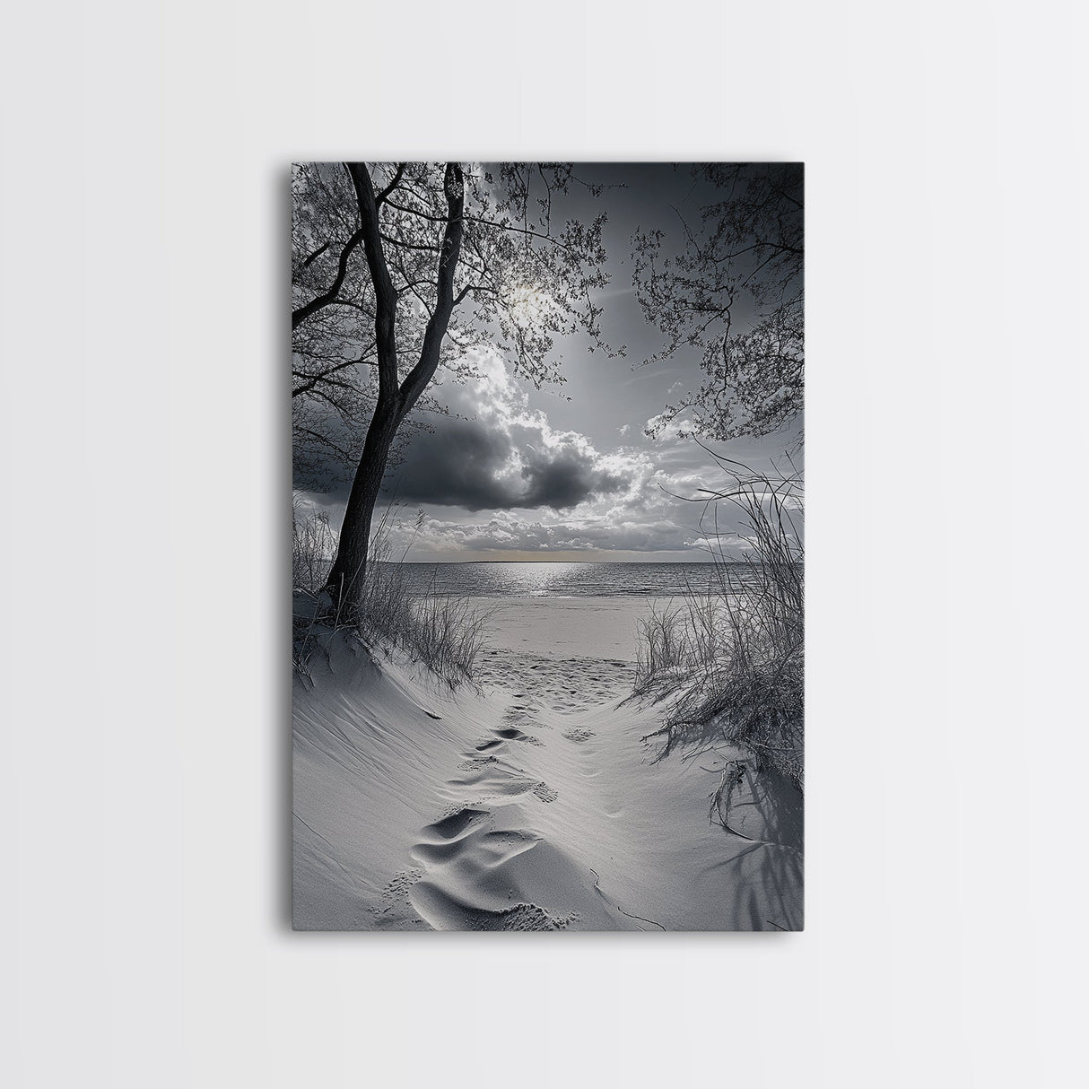 Beach Dunes Sunset, Seaside Escape, Quiet Shore Path, Coastal Calm, Framed Canvas Print, neutral coastal art,  bathroom wall decor