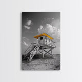 Lifeguard Tower Yellow, Beach Escape, Summer Vibe Art, Ocean Watch Post, Framed Canvas Print, coastal home decor, beach house wall art