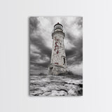 Rustic Lighthouse Shore, Weathered Tower Art, Stormy Coast Scene, Moody Seaside, Framed Canvas Print, nautical bathroom or den wall decor