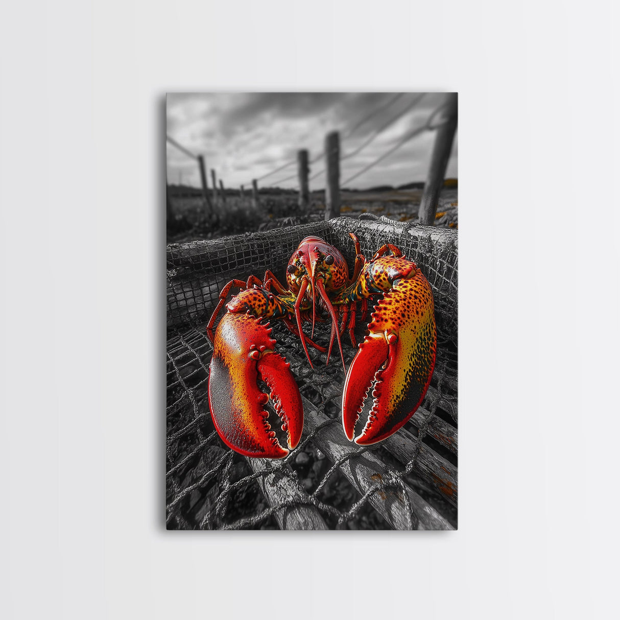 Lobster Trap, Coastal Catch, Bold Seafood, Nautical Framed Canvas Print, Kitchen Wall Art, Coastal New England Decor, Lobster Boho Art