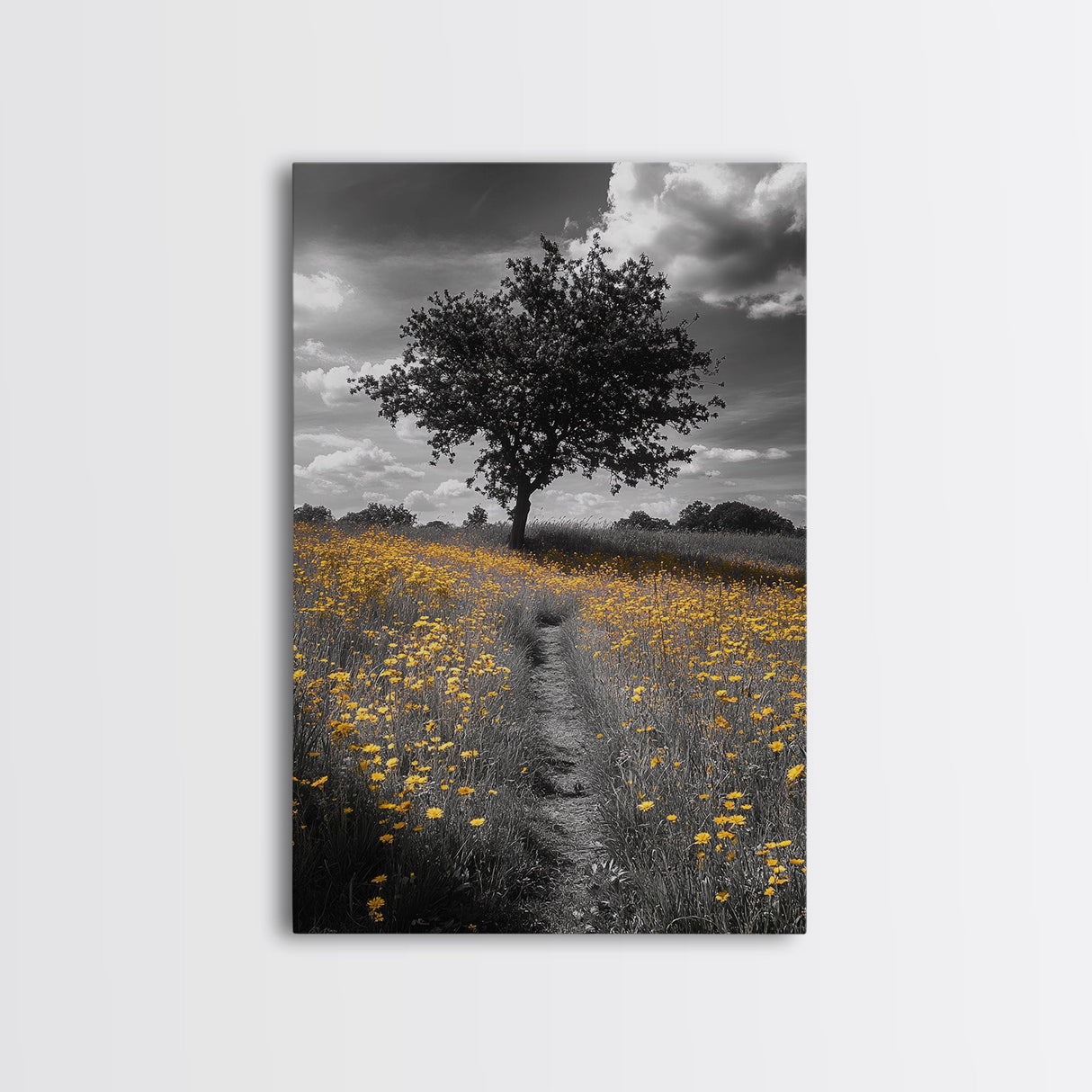 Yellow Meadow, Tree Path, Sunny Flowers, Autumn Framed Canvas Print, Field Landscape Wall Art, Nature Lover Decor, Boho Fall Vibes