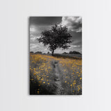 Yellow Meadow, Tree Path, Sunny Flowers, Autumn Framed Canvas Print, Field Landscape Wall Art, Nature Lover Decor, Boho Fall Vibes