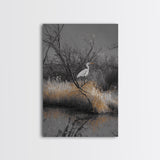 Egret Bird Scene, Autumn Riverbank, Wildlife Nature Print, Moody Wetland Landscape, Framed Canvas Print, Rustic Living Room Wall Art