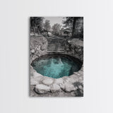 Hidden Spring Pool, Stone Garden Scene, Tranquil Nature Print, Zen Wall Decor, Framed Canvas Print, Minimalist Bathroom Wall Art