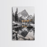 Snow Reflection Forest, Autumn Trees, Serene Mountain River, Framed Canvas Print, Bedroom Wall Art, Peaceful Cabin Scene, Fall Art