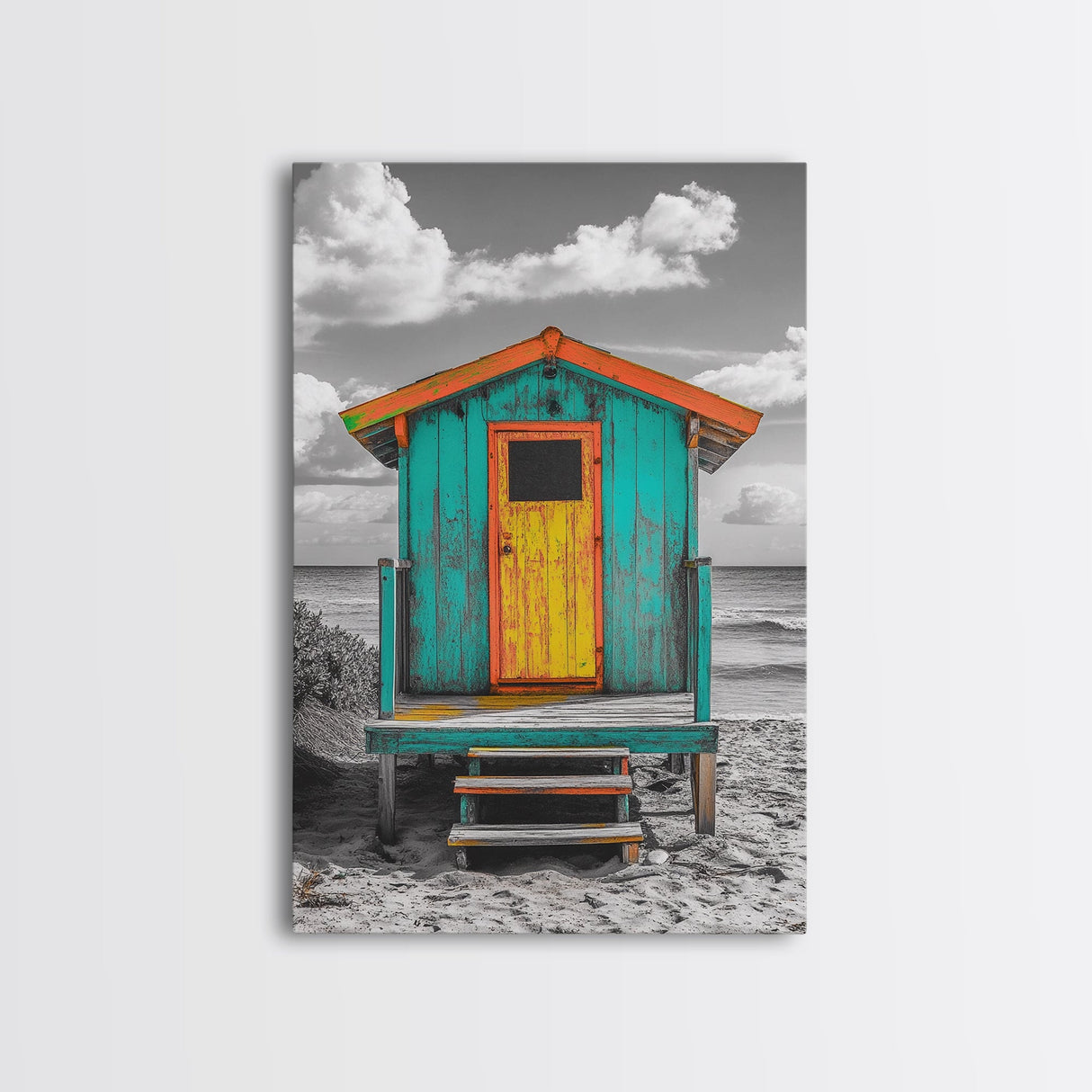 Colorful Beach Hut, Surf Shack, Coastal Cabin, Framed Canvas Print, Tropical Wall Art, Living Room Decor, Bright Summer Home Style