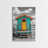 Colorful Beach Hut, Surf Shack, Coastal Cabin, Framed Canvas Print, Tropical Wall Art, Living Room Decor, Bright Summer Home Style