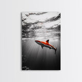 Red Shark, Underwater Scene, Ocean Light Rays, Color Contrast, Canvas Print, Modern Marine Art, Bathroom Wall Art, Nautical Style