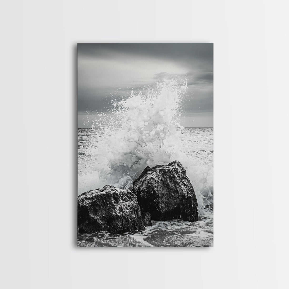 Ocean Splash, Rocky Coast, Dramatic Seascape, Monochrome Power, Framed Canvas Print, Coastal Wall Art, Entryway or Office Decor