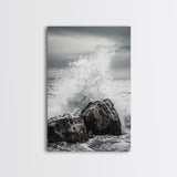 Ocean Splash, Rocky Coast, Dramatic Seascape, Monochrome Power, Framed Canvas Print, Coastal Wall Art, Entryway or Office Decor