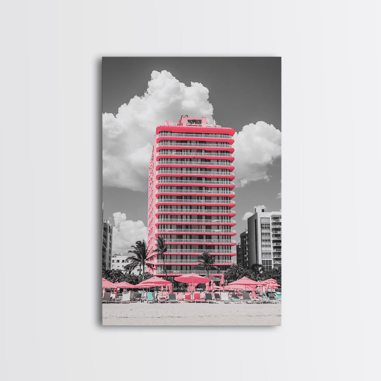 Pink Hotel, Miami Vibes, Summer Retro, Beach Scene, Canvas Print, Pop Art Aesthetic, Living Room Wall Art, Vacation Style