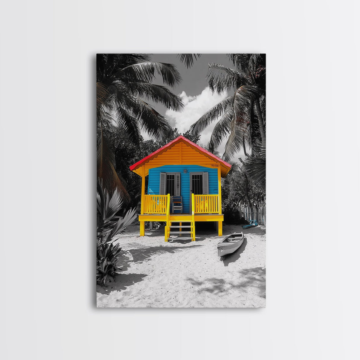 Tropical House, Beach Cabin, Bright Home, Summer Colors, Framed Canvas Print coastal wall decor, boho beach house art, tropical wall art