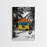 Tropical House, Beach Cabin, Bright Home, Summer Colors, Framed Canvas Print coastal wall decor, boho beach house art, tropical wall art