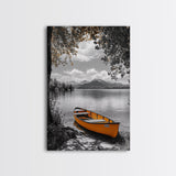 Lake Rowboat, Serene Waters, Mountain Reflection, Framed Canvas Print, Minimalist Nature Art, Living Room Wall Art, Tranquil Landscape