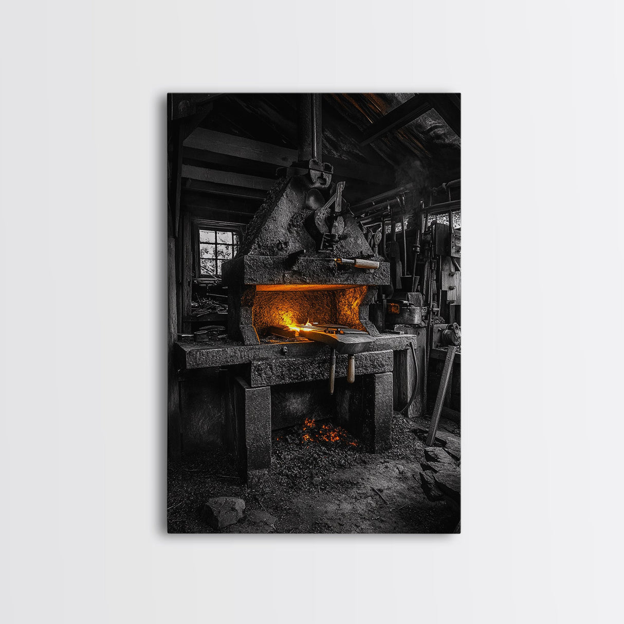 Forge Fire, Rustic Workshop, Industrial Heat, Metal Craft, Framed Canvas Print blacksmith decor, man cave wall art, moody workshop vibe