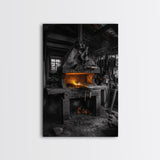 Forge Fire, Rustic Workshop, Industrial Heat, Metal Craft, Framed Canvas Print blacksmith decor, man cave wall art, moody workshop vibe