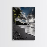 Sunset Beach, Rocky Coast, Dramatic Sky, Bold Light, Framed Canvas Print tropical sunset wall art, beach photography, bathroom decor
