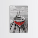 Red Rowboat, Dock Stillness, Minimalist Lake Scene, Canvas Print, Nautical Wall Art, Bathroom Decor, Tranquil Seascape, Coastal Aesthetic