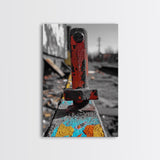 Red Peg, Graffiti Steel, Urban Rust Texture, Canvas Print, Industrial Wall Art, Modern Loft Decor, Urban Decay Photography