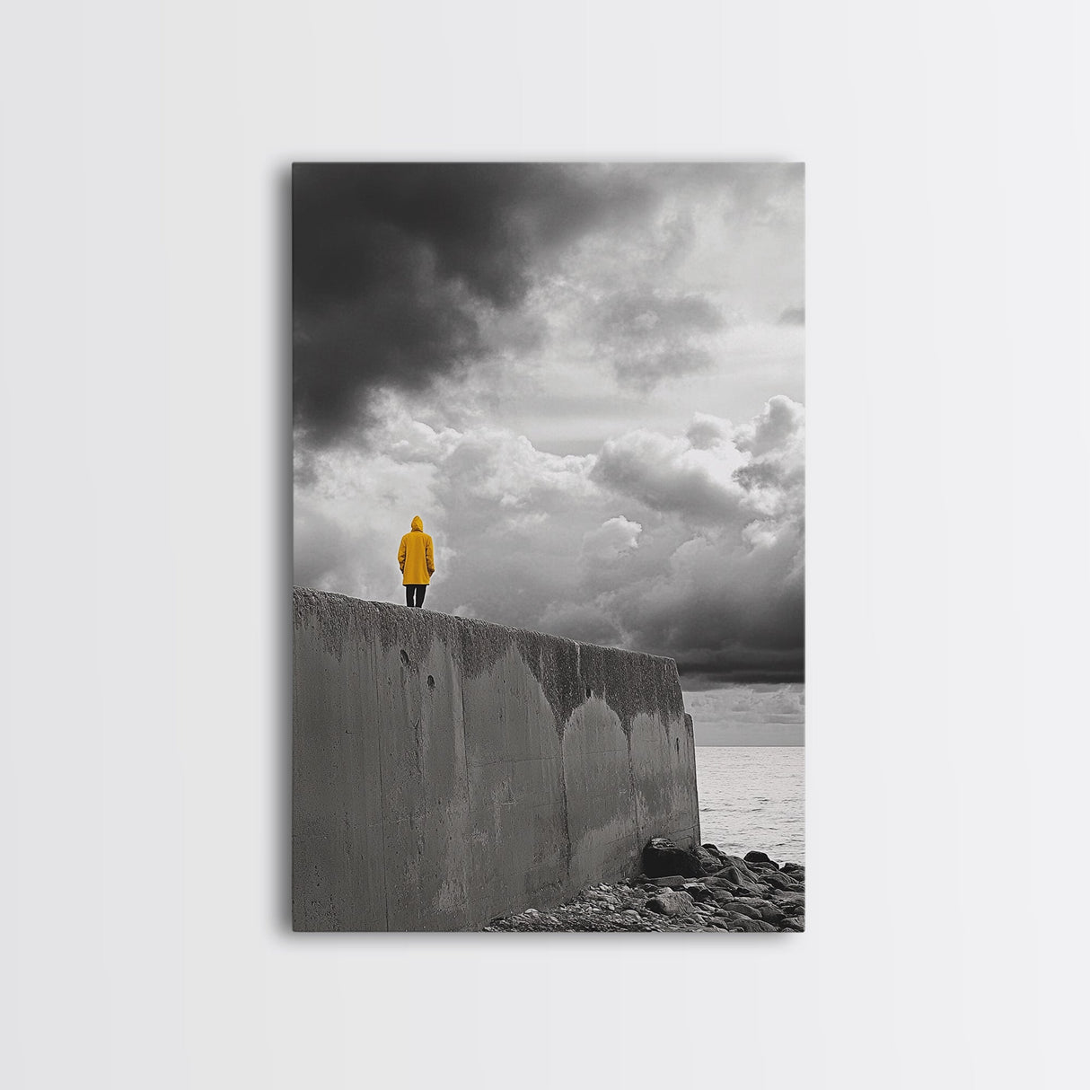Yellow Raincoat, Ocean Storm, Moody Skies, Framed Canvas Print, Minimalist Wall Art, Coastal Entryway Decor, Contemplative Scene