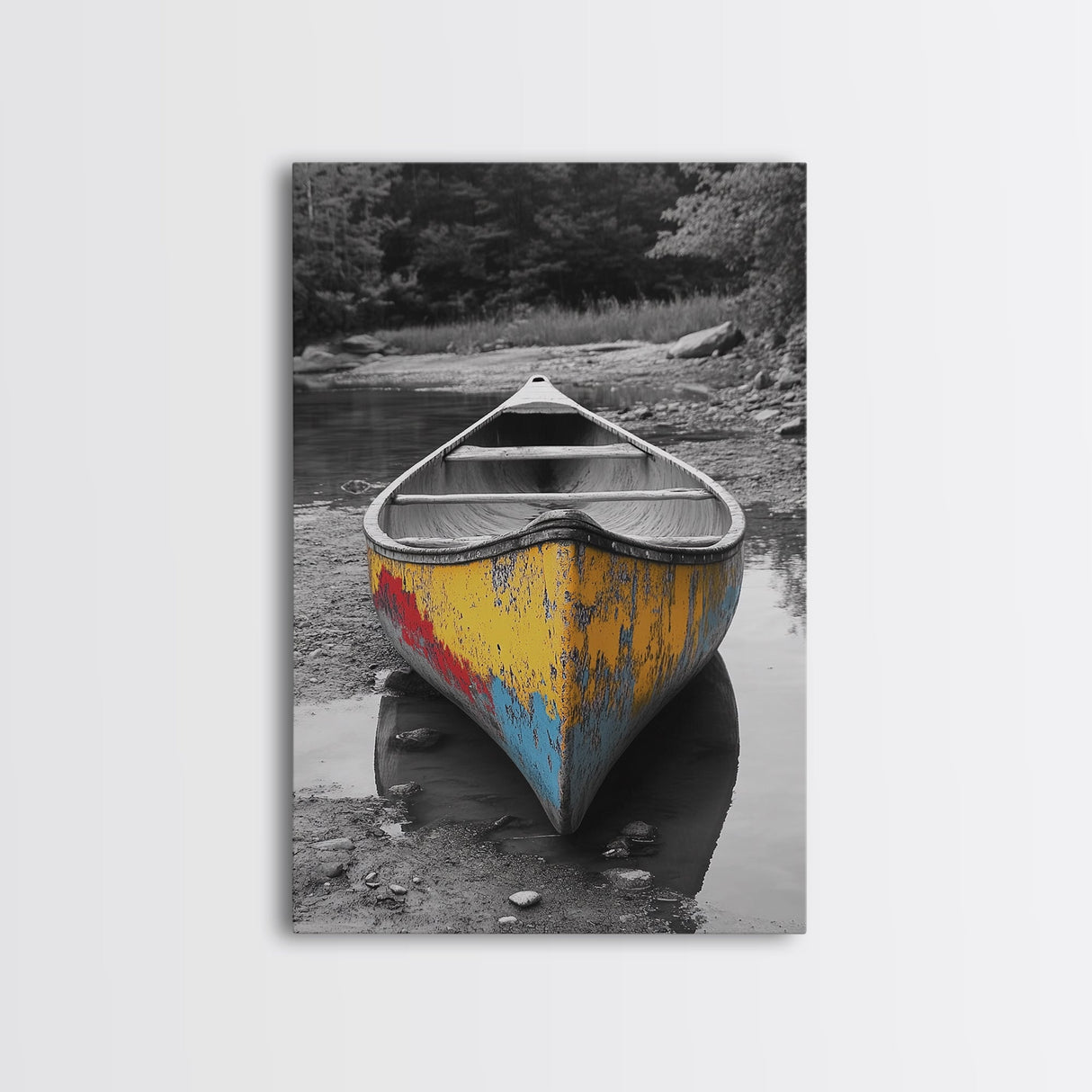 Rustic Canoe, Weathered Paint, River Adventure Art, Framed Canvas Print, Cabin Wall Decor, Color Pop Nature Photography
