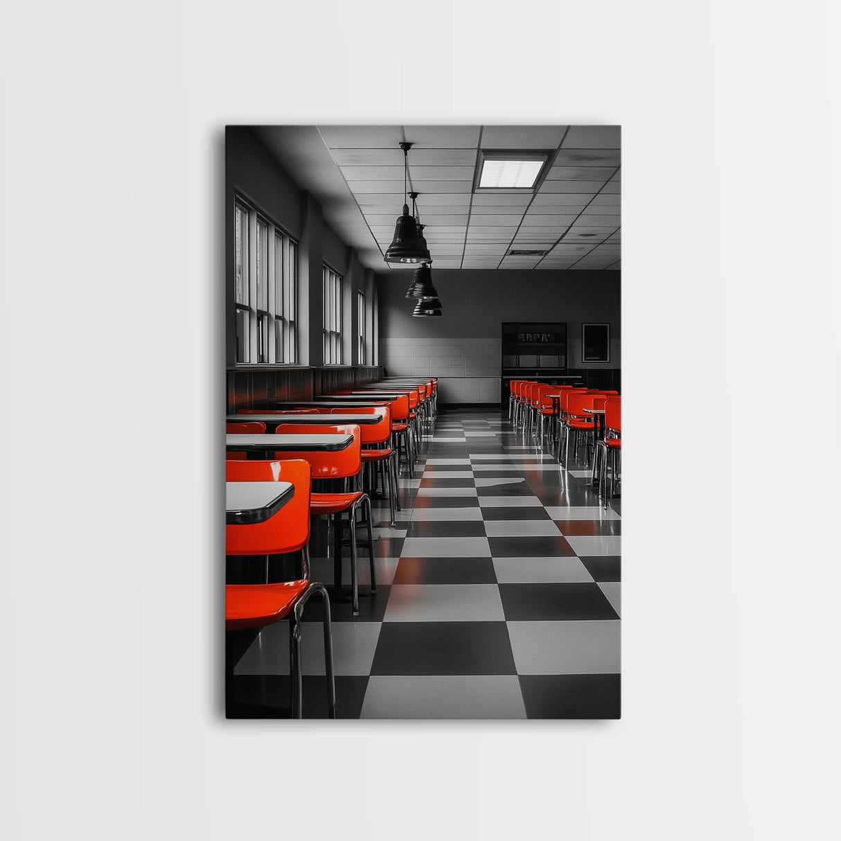 Retro Cafeteria, Red Chairs, Midcentury Modern Art, Canvas Print, Black and White Pop Art, Kitchen Wall Decor, Industrial Style