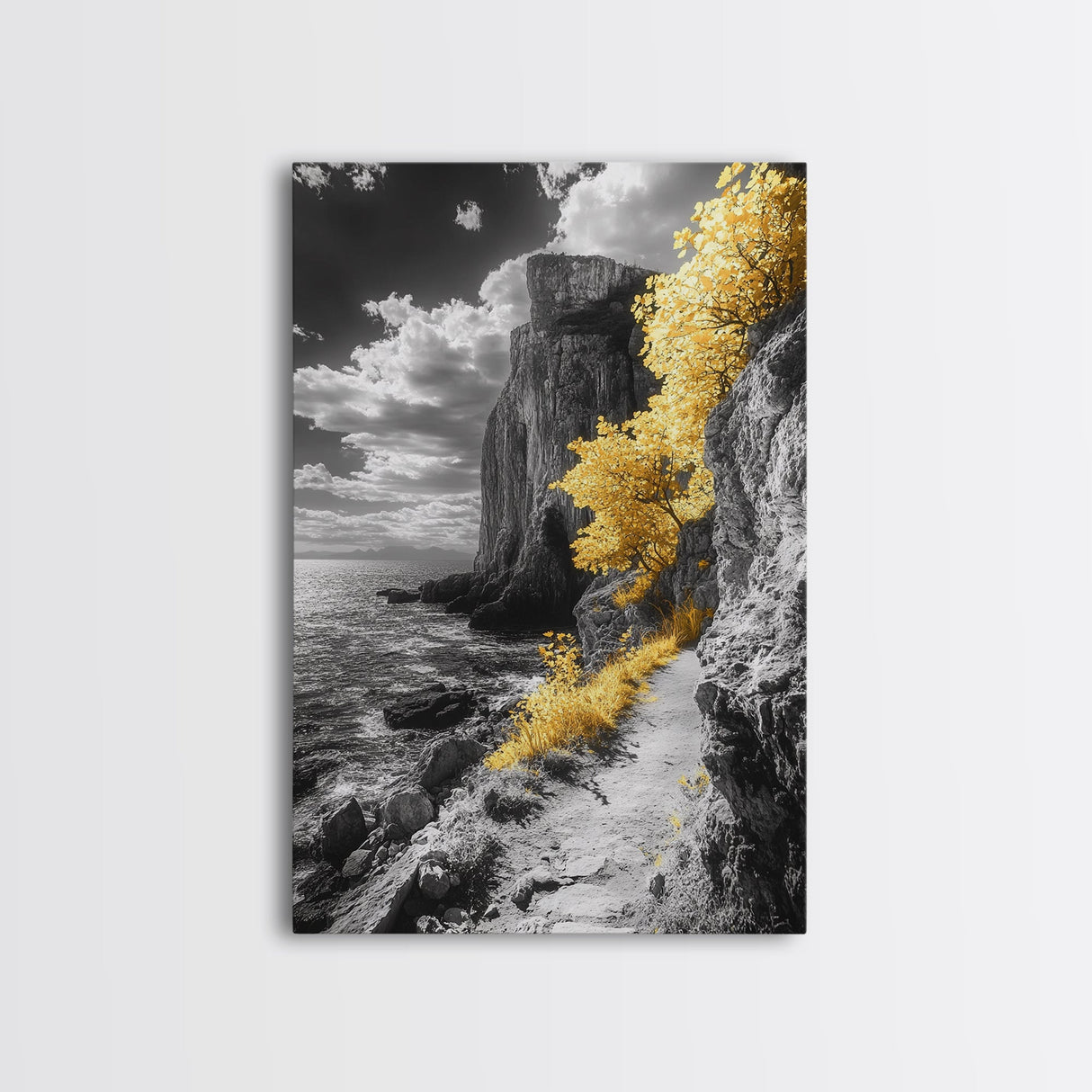 Golden Trees, Dramatic Cliff Path, Ocean Horizon, Nature Escape, Framed Canvas Print, Rustic Wall Art, Autumn Decor, Entryway Art