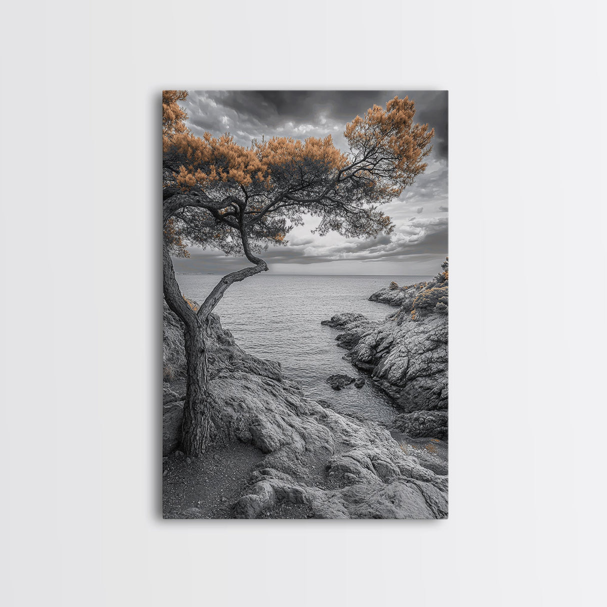 Coastal Tree, Ocean Horizon, Windswept Shoreline, Tranquil Mood, Framed Canvas Print, Minimalist Wall Art, Neutral Tones, Zen Decor