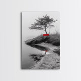 Red Bench, Misty Shore, Solitude Scene, Moody Fog Art, Framed Canvas Print, Minimalist Wall Art, Meditative Decor, Entryway Accent