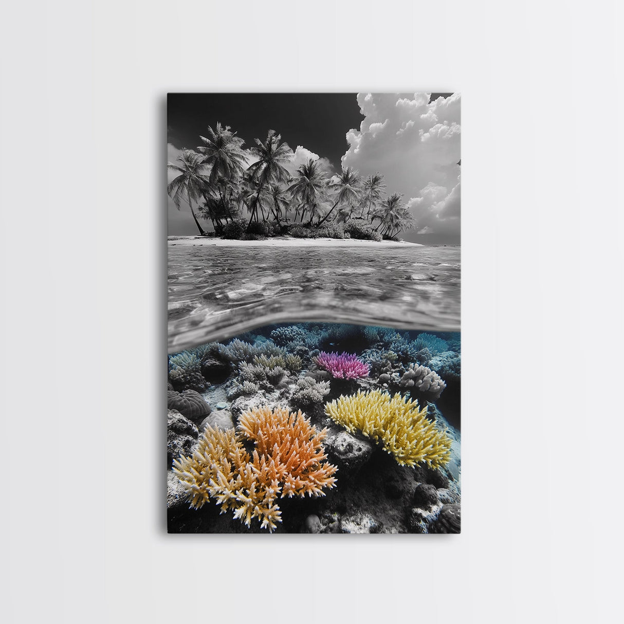 Island View, Coral Reef, Overwater Split Scene, Framed Canvas Print, Coastal Wall Art, Beach House Decor, Ocean Landscape Art