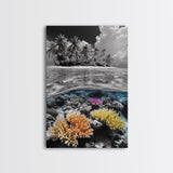 Island View, Coral Reef, Overwater Split Scene, Framed Canvas Print, Coastal Wall Art, Beach House Decor, Ocean Landscape Art