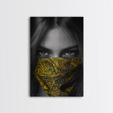 Yellow Bandana Girl, Intense Eyes, Street Portrait, Framed Canvas Print, Modern Photography, Teen Bedroom Wall Art, Bold Style