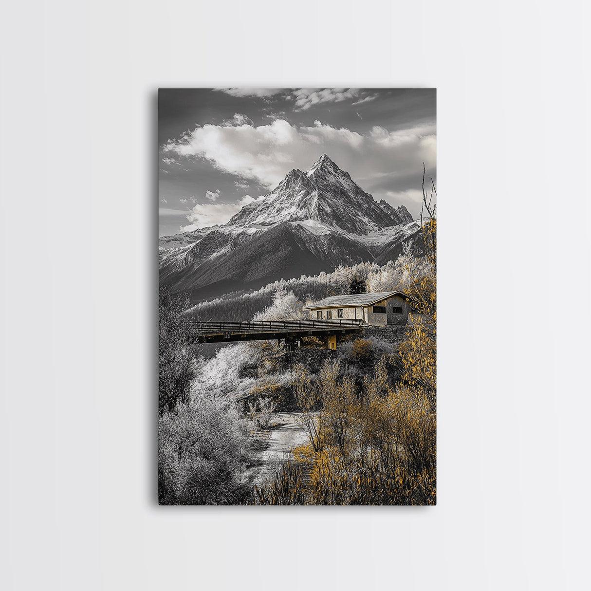 Mountain Escape, Cabin Retreat, Black White Landscape, Framed Canvas Print, Rustic Cabin Art, Bedroom Wall Decor, Nature Lodge Decor