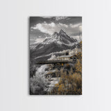 Mountain Escape, Cabin Retreat, Black White Landscape, Framed Canvas Print, Rustic Cabin Art, Bedroom Wall Decor, Nature Lodge Decor